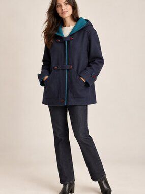 Vintage Wool Duffle Coat Hooded Nuova Citta Made in Canada Navy & Teal Size 10